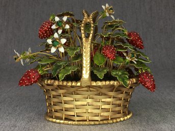 Paid $375 - Incredible Vintage Porcelain & Enamel Fruit Basket - Strawberries & Flowers - Amazing Quality !