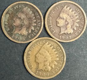 3 Indian Head Pennies 1905, 1906, 1907