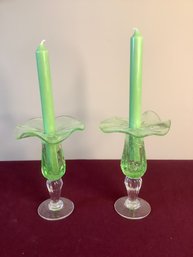 Green Glass Candle Stick Holders