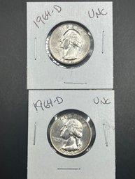 2 1964-D Uncirculated Silver Washington Quarters