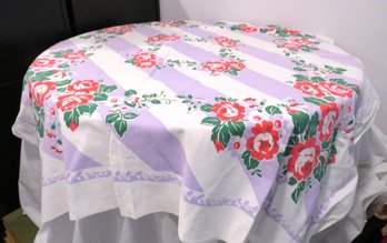 Vintage  Red Flowers Purple Trim Tablecloth