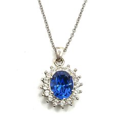 Sterling Silver Chain With Blue Topaz Color Clear Stones Pendant Necklace