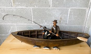 Vintage 29' Resin Boat-A Day Of Fishing-Man, Dog And Bucket Of Fish