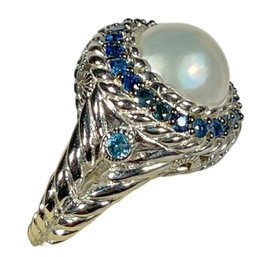 Genuine Pearl And Sapphire Judith Ripka Sterling Silver Ladies Ring Size 7