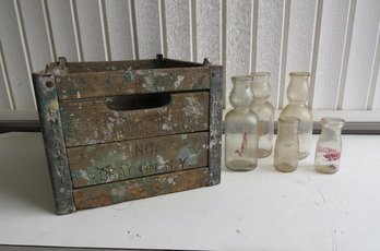 Vintage 1940's Emmadine Dairy, Beacon NY Milk Crate With An Assortment Of Emmadine Milk Bottles