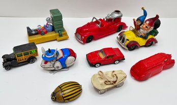 9 Vintage Cars & Whimsical Toys On Wheels Including Potato Bug