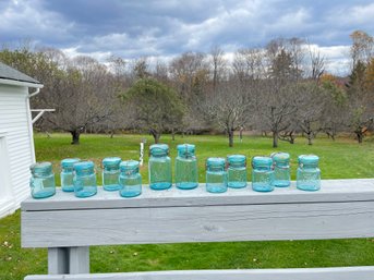 Lot Of 12 Antique Blue Glass Canning Jars