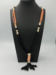 Amazing Coral, Black Onyx, & Fresh Water Pearl Necklace