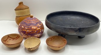 Hand Made Ceramic Centerpiece Bowl, Covered Gourd Bowls & Small Coconut Bowls
