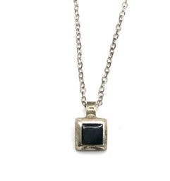 Vintage Italian Sterling Silver Chain With Small Onyx Color Square Pendant