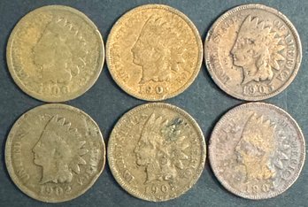 6 Indian Head Pennies 1900, 1901, 1902, 1903, 1904, 1905