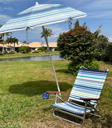 Beach Day!  A Striped Beach Umbrella And Matching Chair