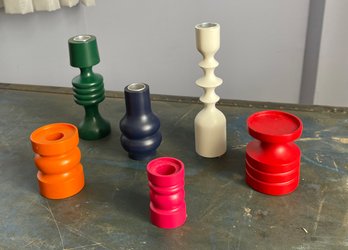 Set Of Colorful Mid Century West German Hand Turned Candlesticks