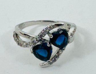 PRETTY STERLING SILVER BLUE CZ HEARTS AND WHITE CZ RING