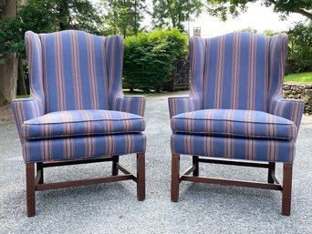 A Pair Of Vintage Wing Back Chairs In Stripes