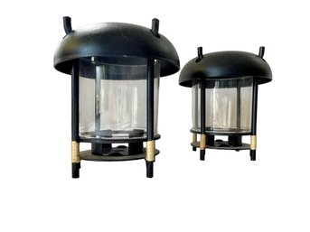 Pair Of Footed Votive Candle Lanterns Of Glass & Metal