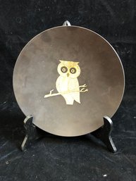 Mid-Century Modern Black Lacquer Inlay Round Owl Tray Couroc Of Montere