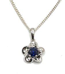 Italian Sterling Silver Chain With Blue Topaz Color Stone Flower Pendant