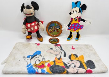 Vintage 1980 Disney Minnie Mouse Doll, Plastic Posable Minnie, 2 Antique Disney Plates & 2 Disney Towels