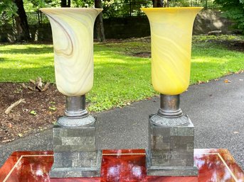 A Pair Of Beautiful Art Deco Marble And Glass Torchieres