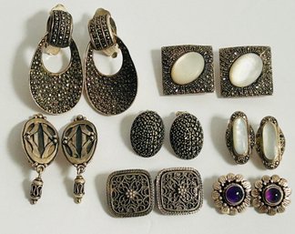 Lot Of 7 Pairs Vintage Clip Sterling  Silver Earrings All Marked