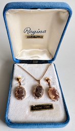 New In Box Vintage Regina Mother Of Pearl Cameo Necklace & Earrings