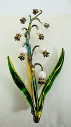 BEAUTIFUL MMA STERLING SILVER ENAMEL AND PEARL LILY-OF-THE-VALLEY BROOCH