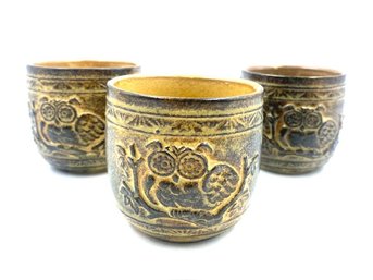 Signed Vintage Japanese Stoneware Tea Cups - Owl Motif