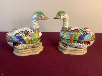 Chinese Cloisonne Enamel Bird Boxes- White And Green Set