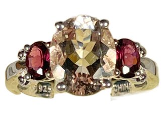 Fine Sterling Sivler And Gemstone Ladies Ring Garnets And Pink Gemstone Ring Size 7`