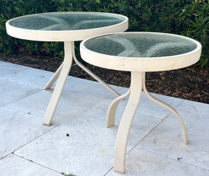 A Pairing Of Tempered Glass And Tubular Metal Side Tables 'Quantum' By Brown Jordan