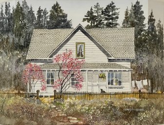 Laundry Day, Springtime House Painting On Canvas, Signed Lower Right