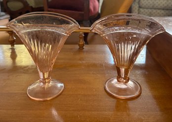 Vintage Pair Of Pink Depression Glass Fan Vases.