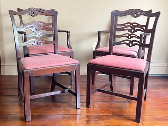 A Set Of 4 Carved Wood Ladder Back Dining Chairs C. 1940