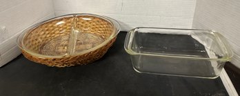 Pyrex 1 1/2 Qt Glass Bowl Made In USA, Oval Glasbake Divided Casserole Dish With Wicker Basket Holder. MP/D2