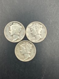 3 Mercury Dimes 1945, 1945-D, 1945-S