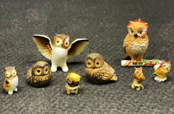 Eight Vintage Miniature Owls Including Porcelain