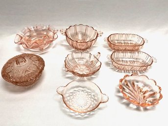 8 Small Pink Depression Glass Bowls, Trinket Dishes, Dishes, Lidded Bowls, Etc