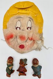 3 Antique Disney Snow White Dwarf Figurines & Sneezy Mask