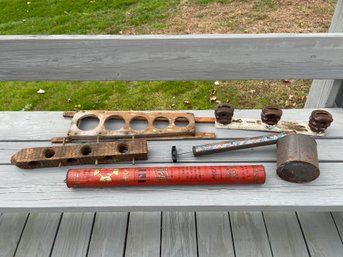 Lot Of Vintage Fire Extinguisher, Bug Sprayer, Insulator, And Wood Pieces