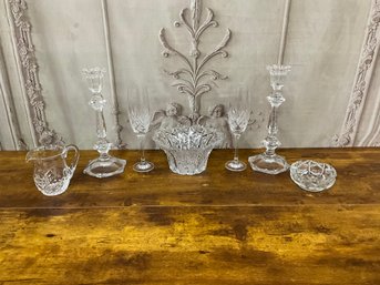 Pretty Crystal Candlesticks, Champagne Flutes, EAPG Bowl & Wedgwood Crystal Creamer Lot