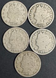 5 V Nickels 1900, 1902, 1906, 1910, 1911