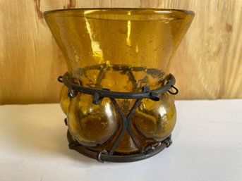 A Vintage Handblown Amber Glass Vase With Metal Cage