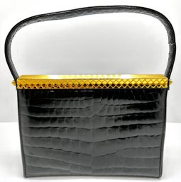 Vintage Dofan Faux Alligator Black Evening Bag With Gold Trim,  France