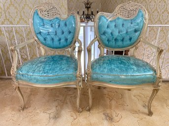 Pair Of Vintage Italian Turquoise Parlor Chairs