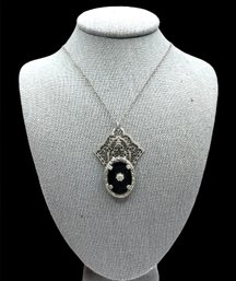 Vintage Sterling Silver Onyx Color Large Ornate Pendant Necklace