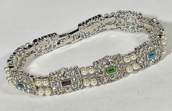 Fancy Silver Tone Link Bracelet Having Multi Colored Stones And Pearls