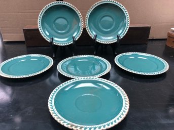 Vintage Green Harker Pate Sur Pate Plates 6 1/2' - 1950s - 3 Saucers/3 Plates