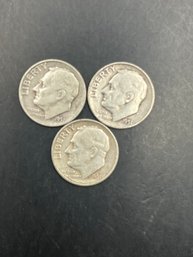 3 Silver Roosevelt Dimes 1951, 1951-D, 1951-S