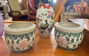 Vintage Porcelain Blue And White Fishbowl Planters & A Vase With Peacock, Birds, Flowers With Nature On It.